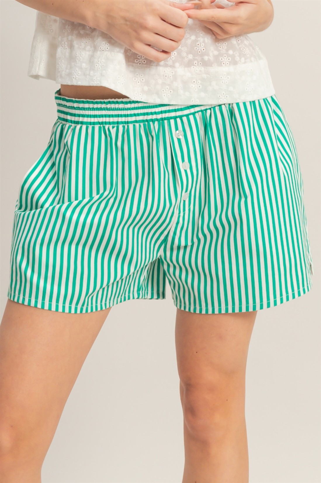 Green Striped Elastic Waist Boxer Shorts