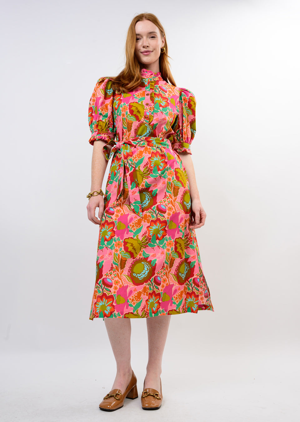 Coral Bouquet Midi Shirt Dress