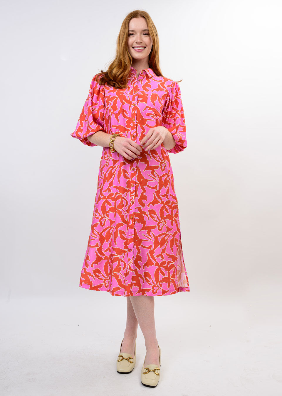 Pink Midi Pour Sleeve Shirt Dress
