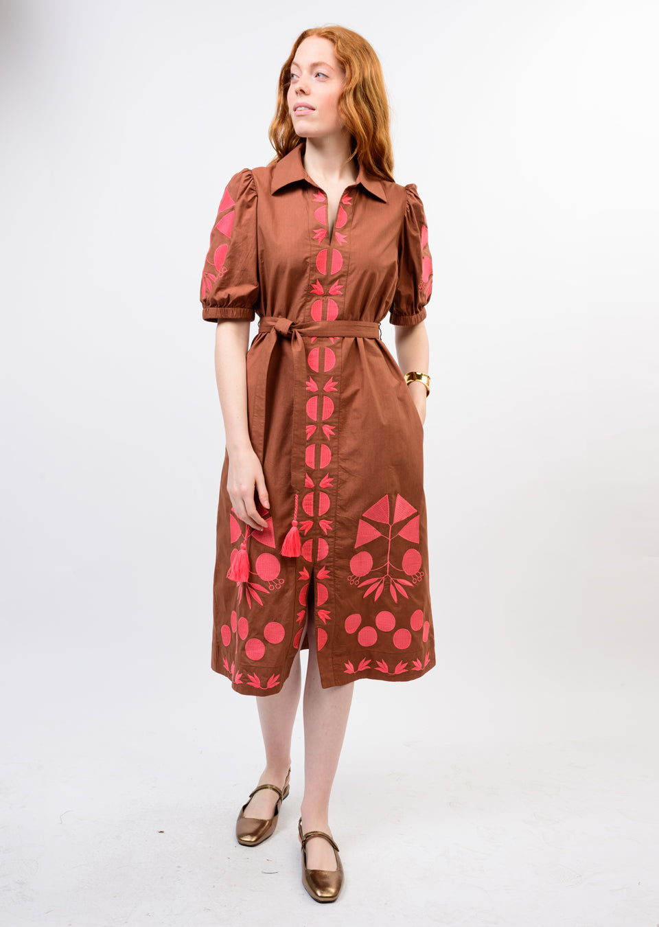 Brown Placket Embroidered Dress