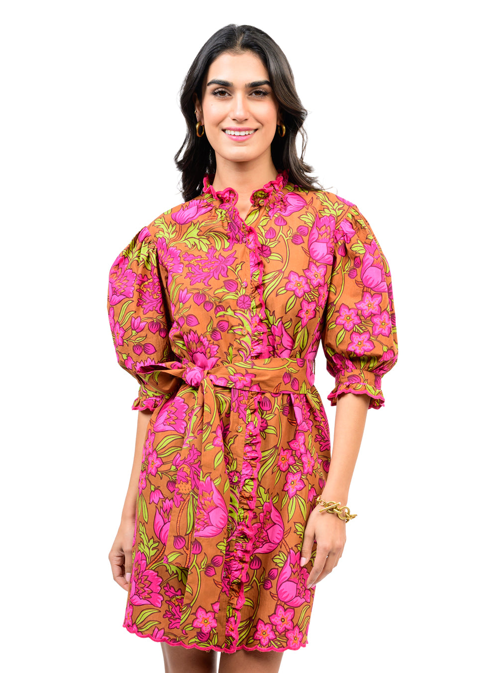 Brown Tucked Front Aline Dress