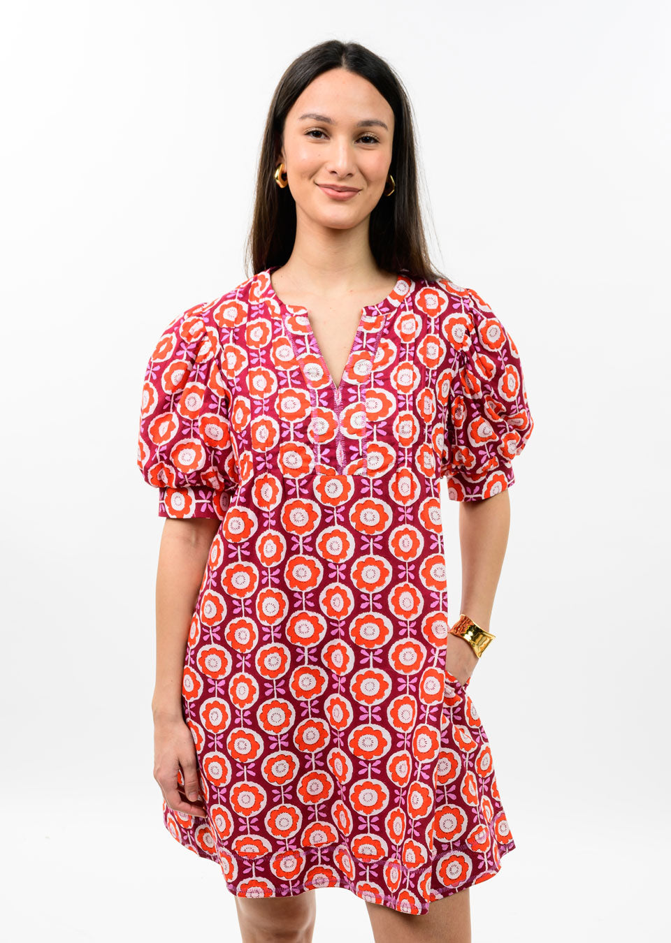 Plum Puff Sleeve Floral Print Dress