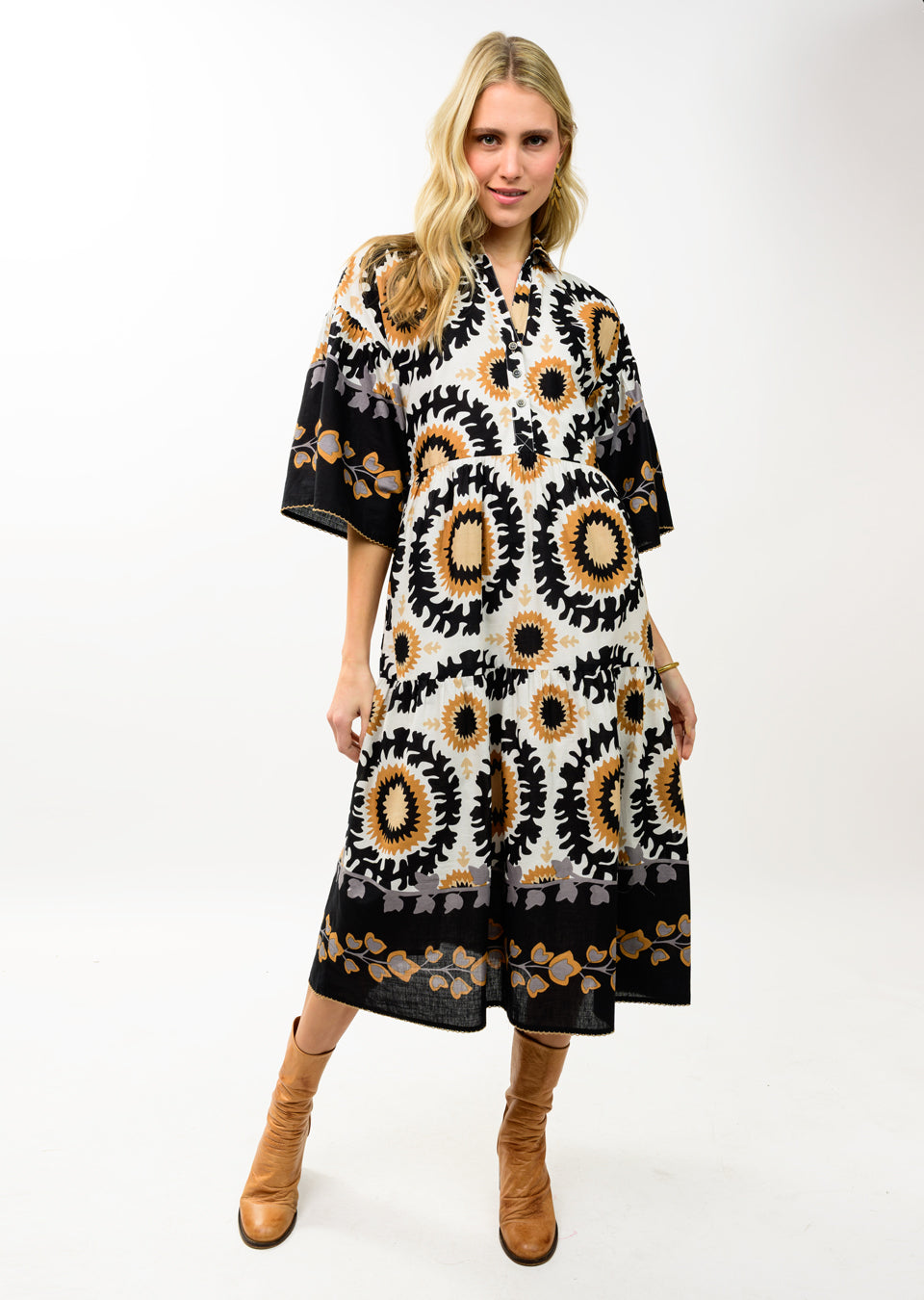 Black Tiered Maxi Border Print Dress