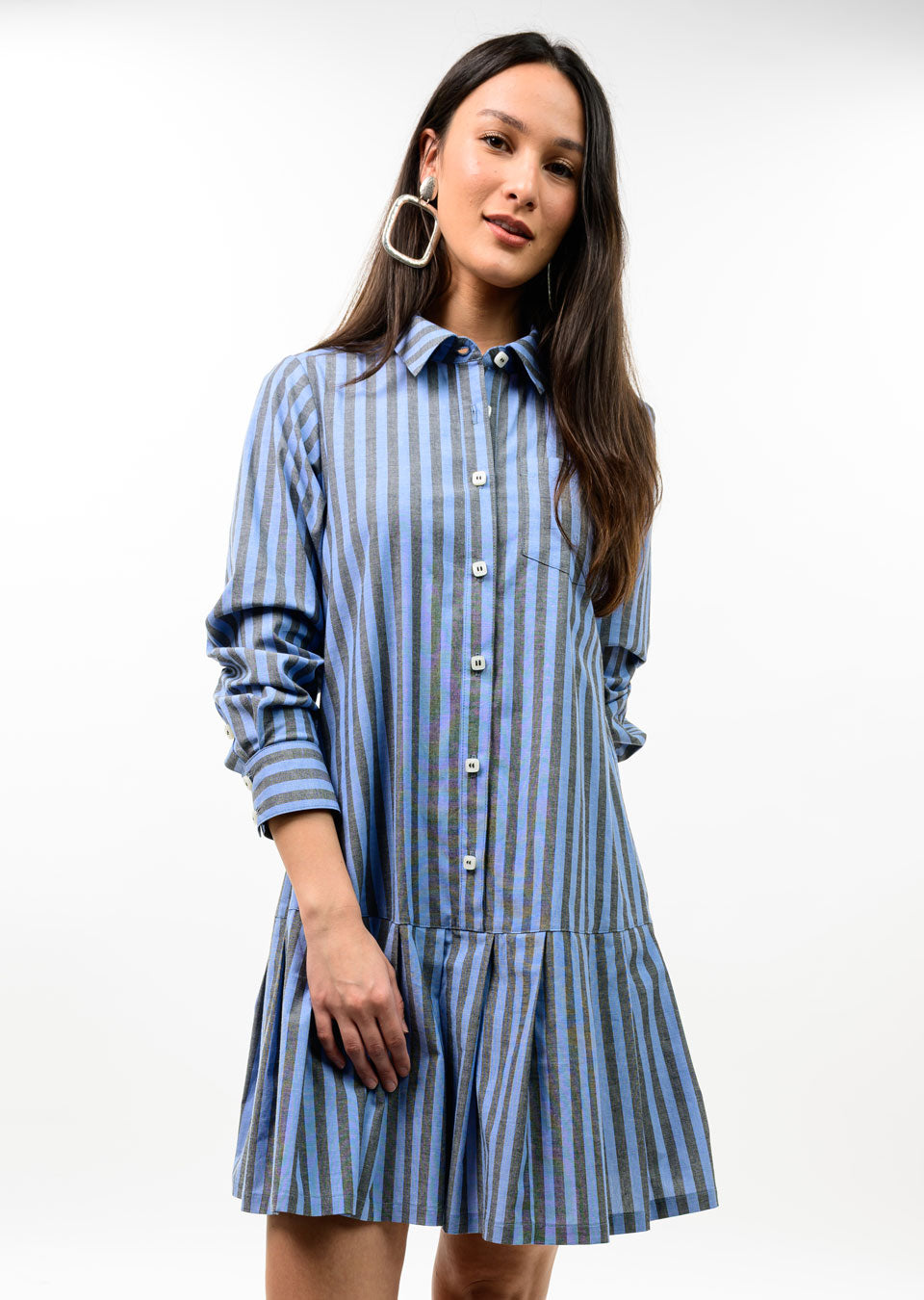 Blue Striped Pleated Skirt Dress