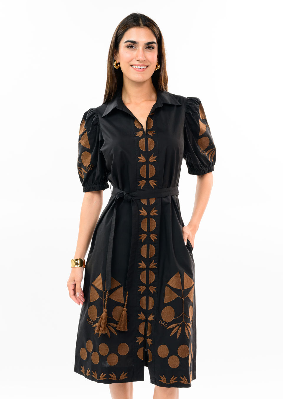 Black Placket Embroidered Dress