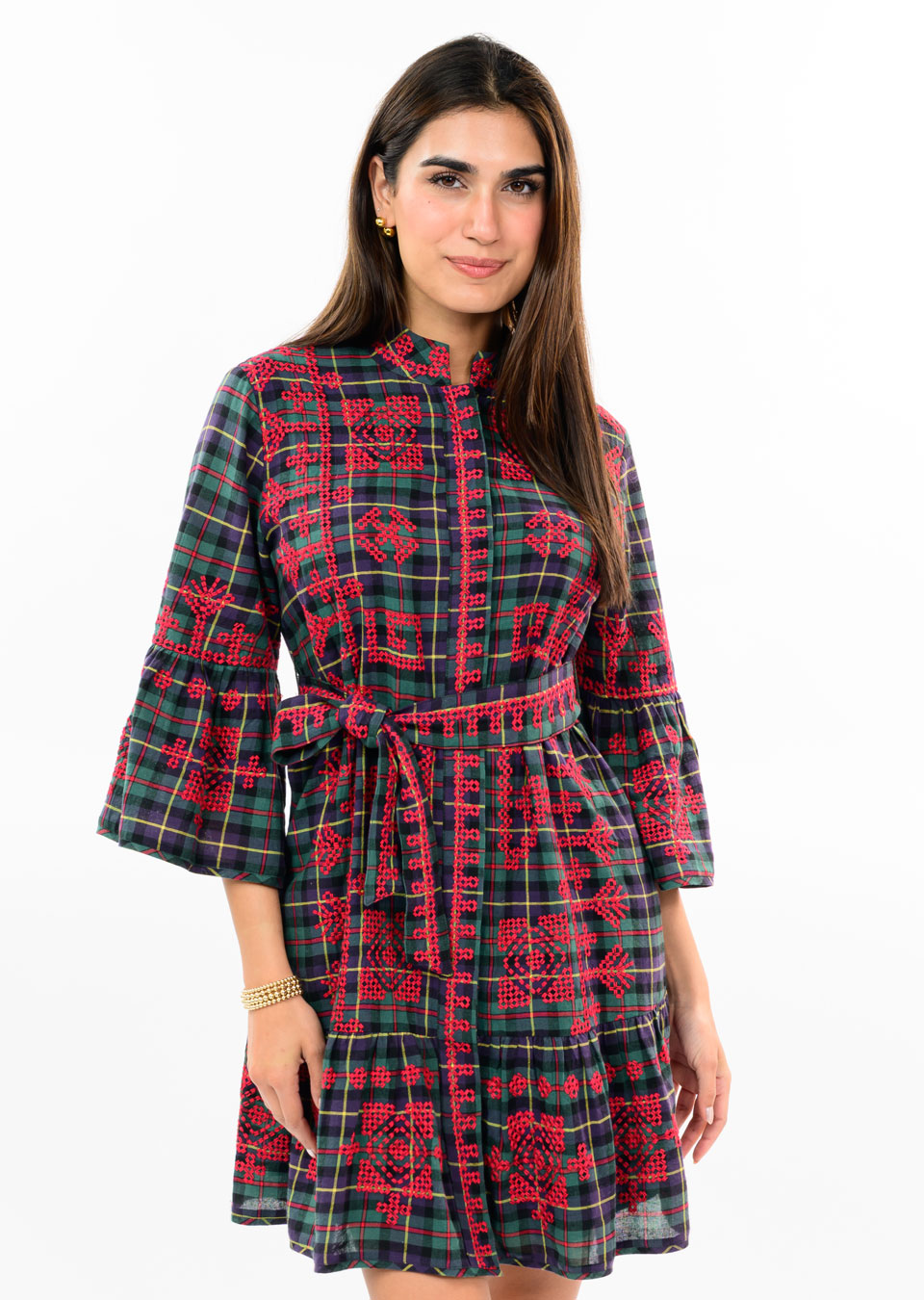 Green Tartan Cross Stitch Embroidery Dress