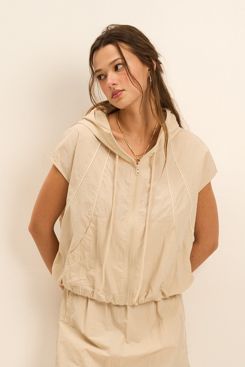 Beige Luxe Piped Hooded Zip-up Top