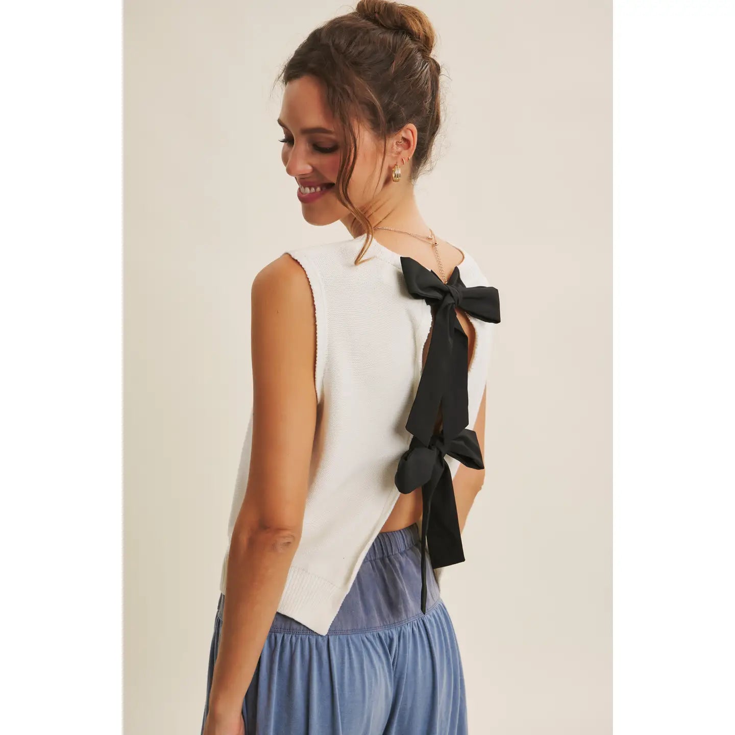 Cream and Black Unexpected Twist Contrast Bow Back Sweater Top