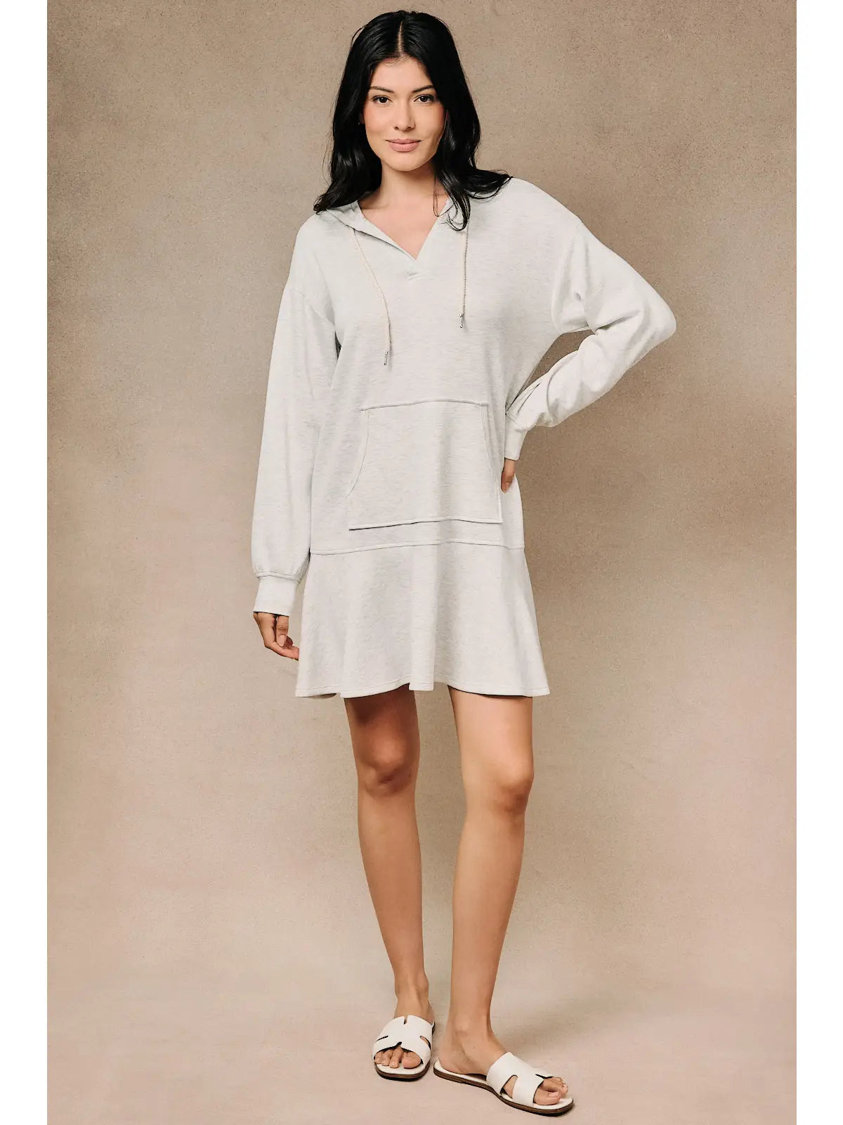 Split Neck Hooded Flared Long Sleeve Sweater Mini Dress