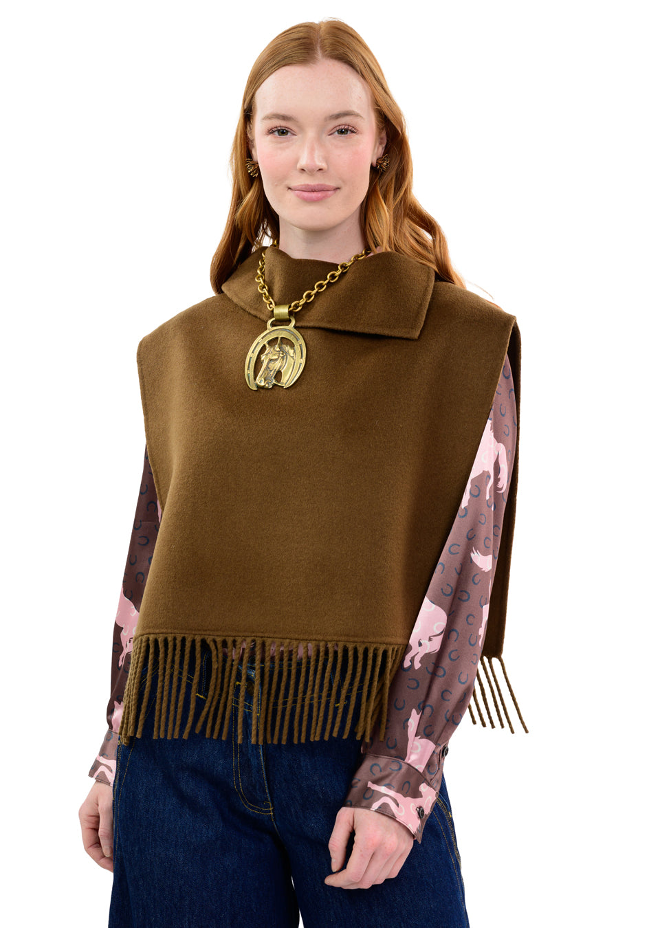 Brown Fringe Poncho w/Collar