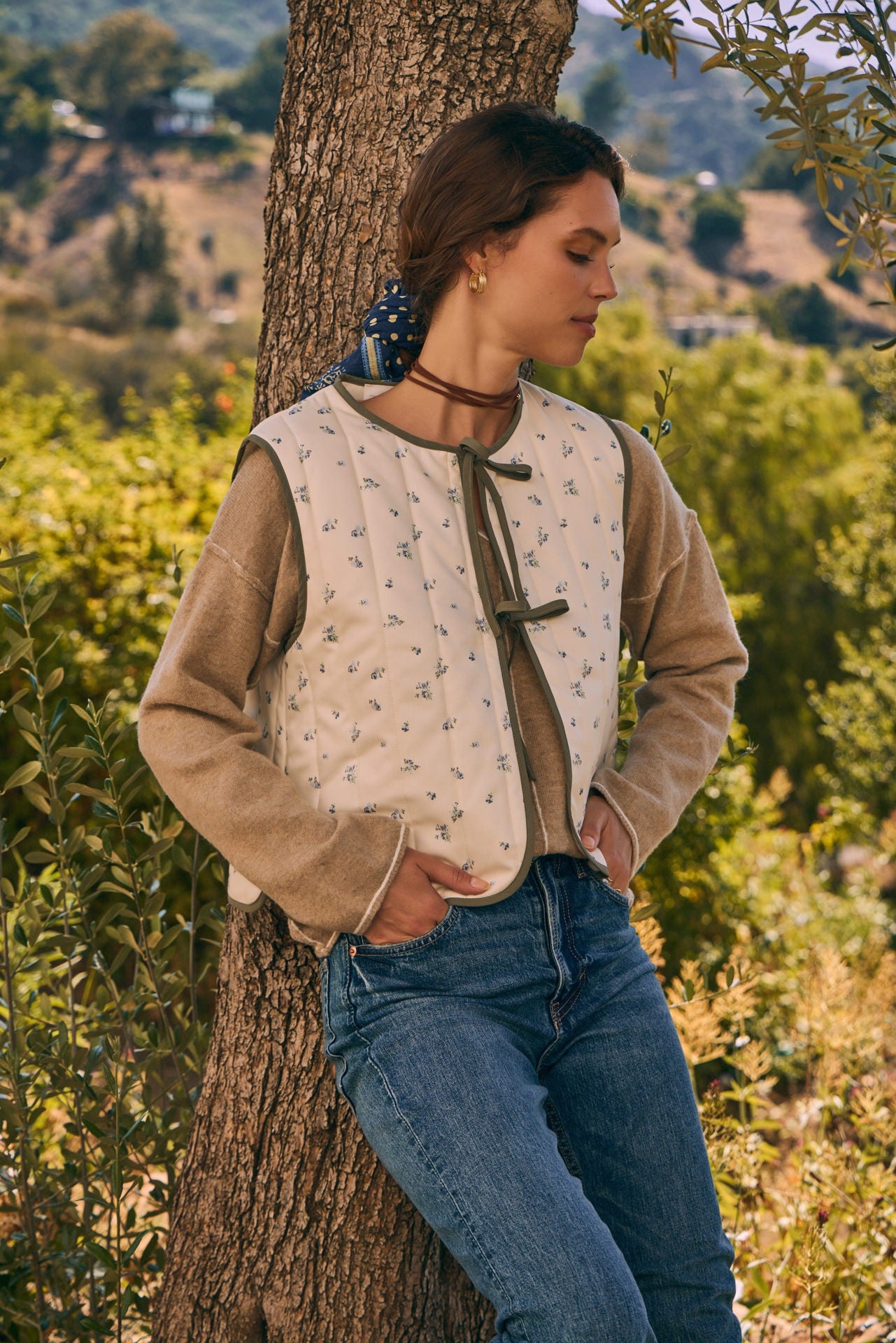 Rustic Charm Elegant Floral Quilted Vest With Bow
