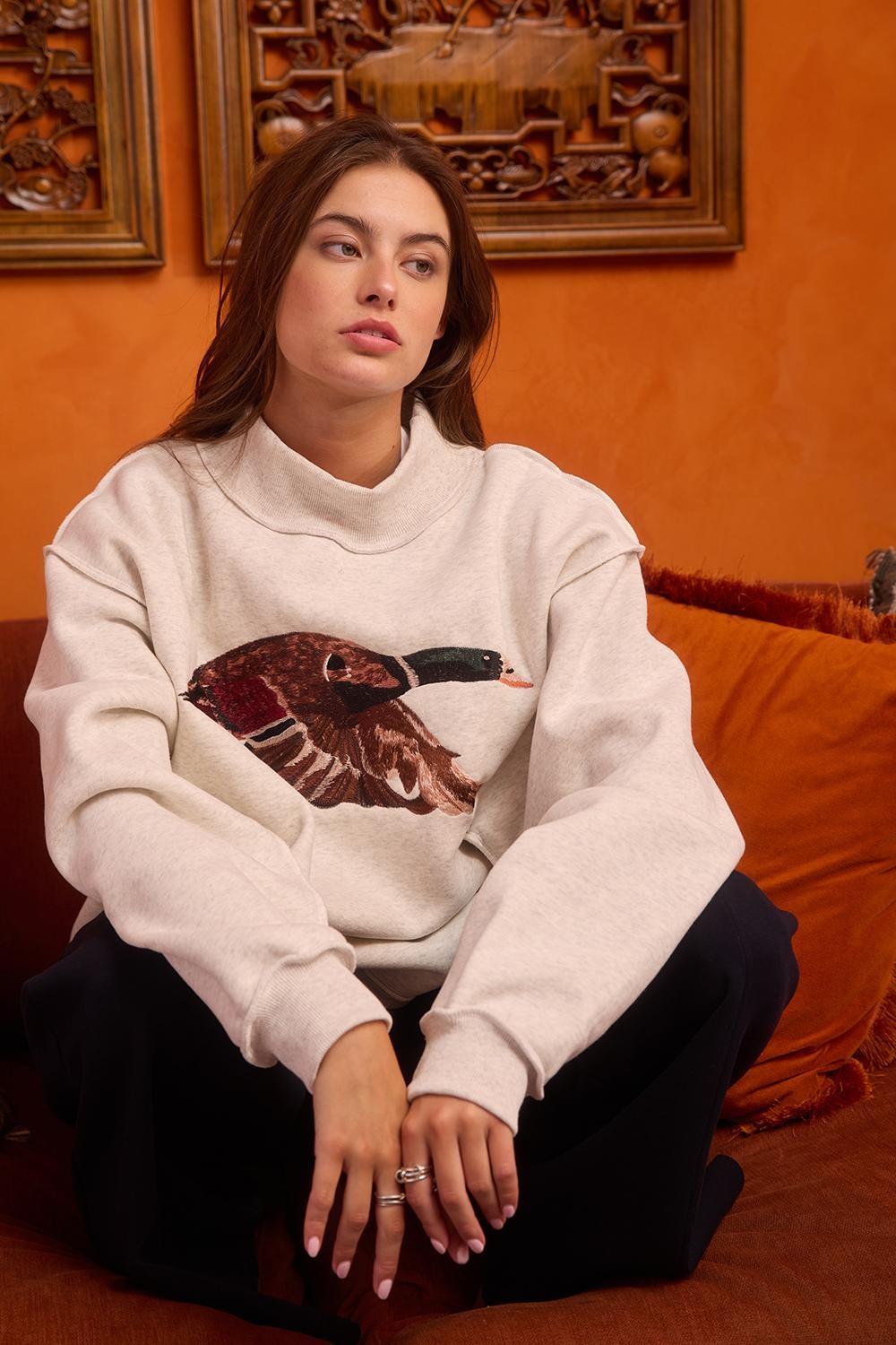 'mallard' Embroidered Wildlife Mock-neck Sweatshirt