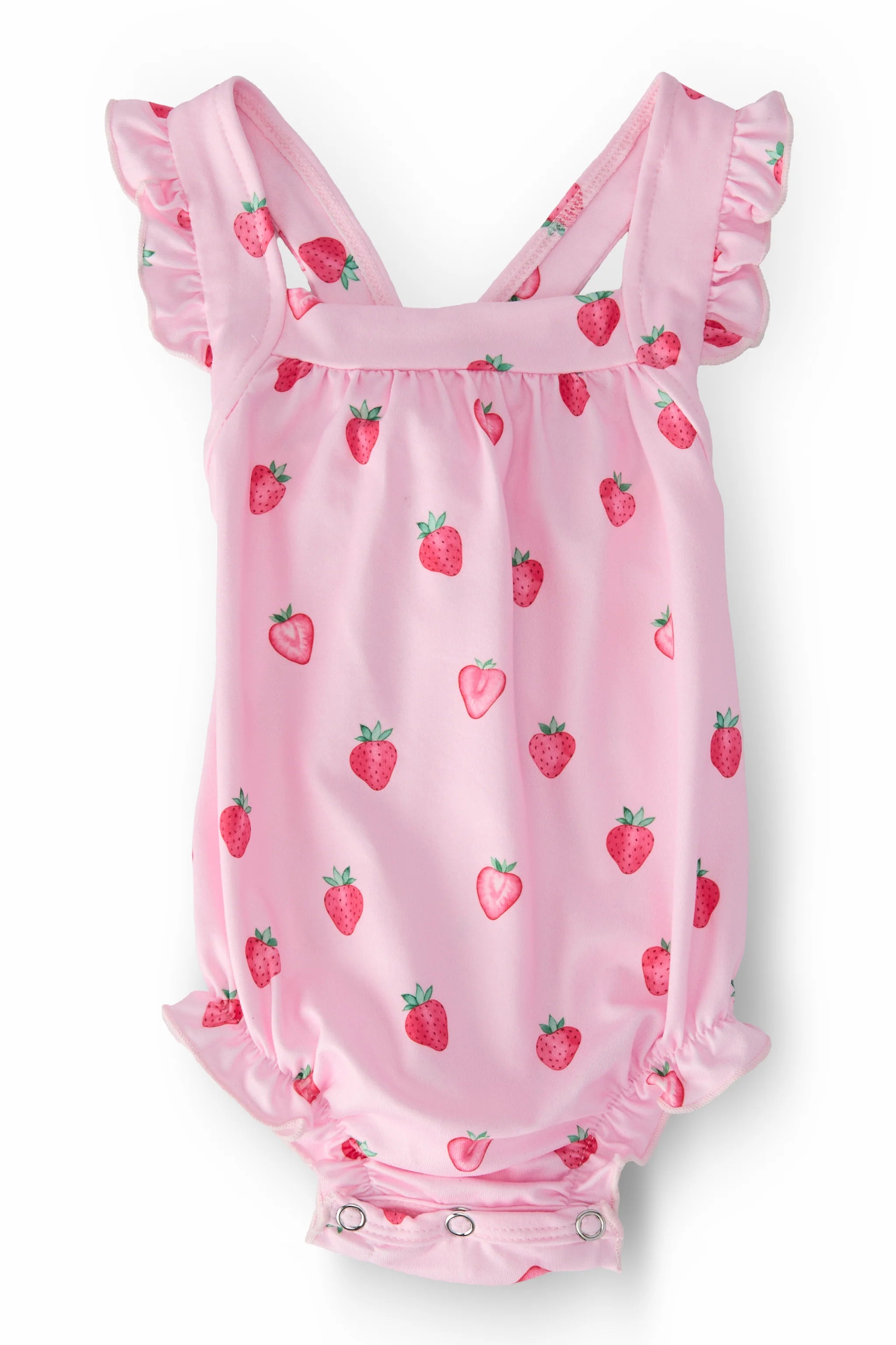 SWEET STRAWBERRIES RUFFLE CROSS BACK ROMPER