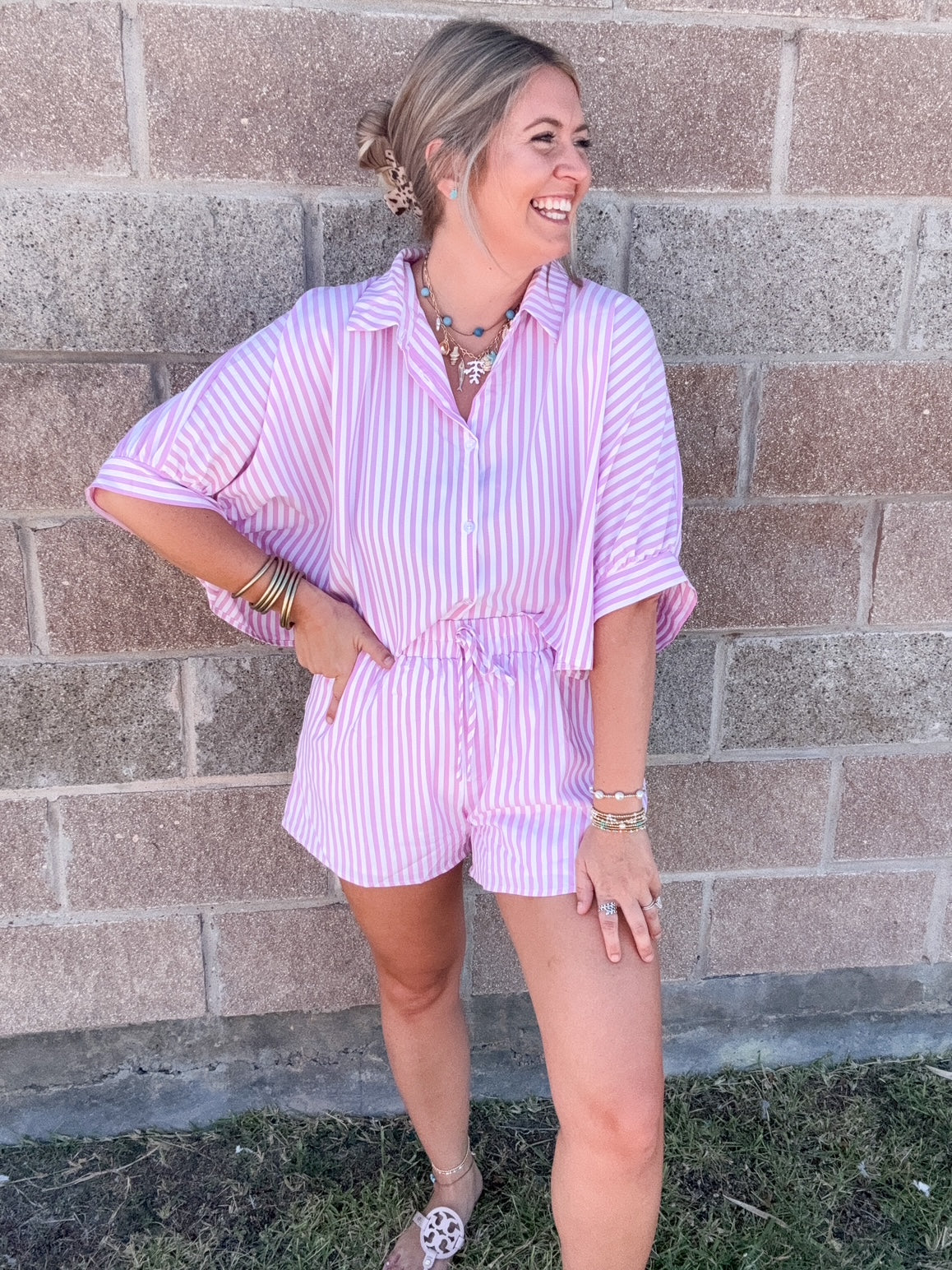 Pink Striped Cropped Oversized Shirt W/ Matching Shorts