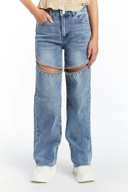 Tractr Girls Jeans Crystal Slit Straight Leg