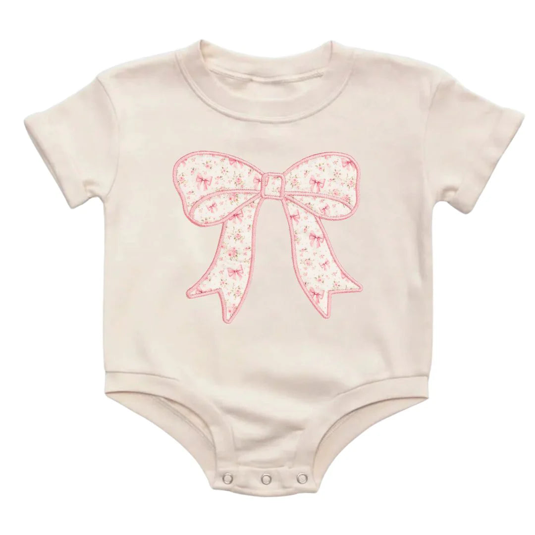 Sweet Wink- Ditsy Floral Bow Patch Short Sleeve Romper - Natural