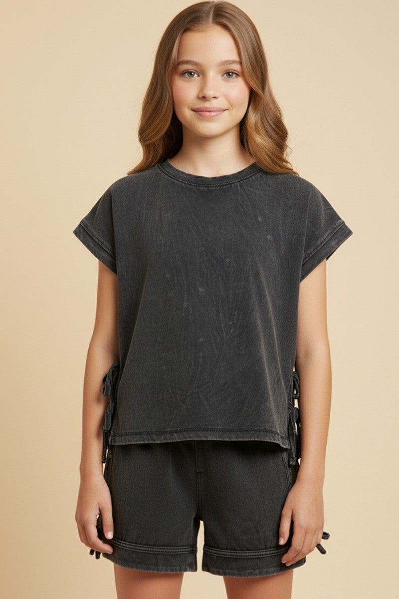Girls Washed Side Bow Detail Knit T Shirt