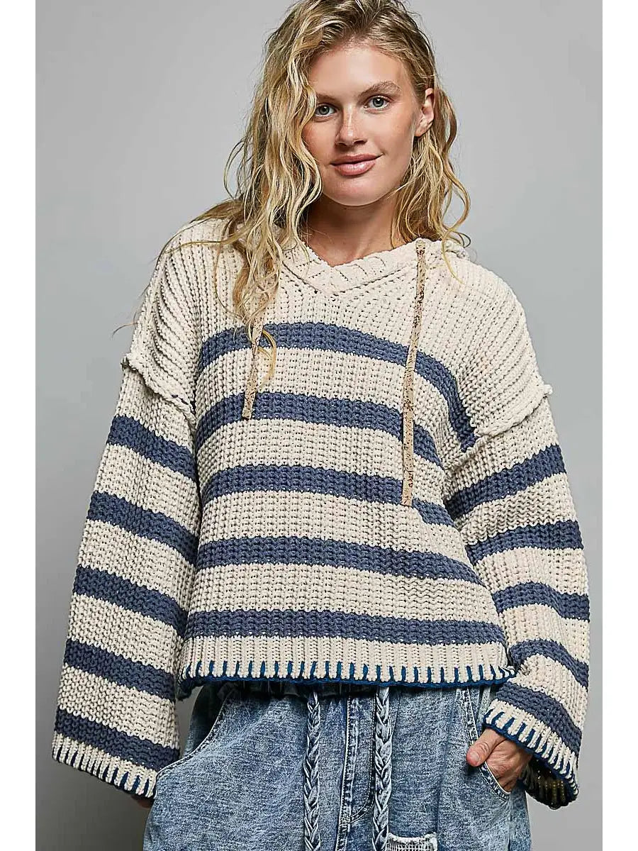 Cream/Navy Hoodie V-Neck Striped Long Sleeve Stitch Chenille Sweater