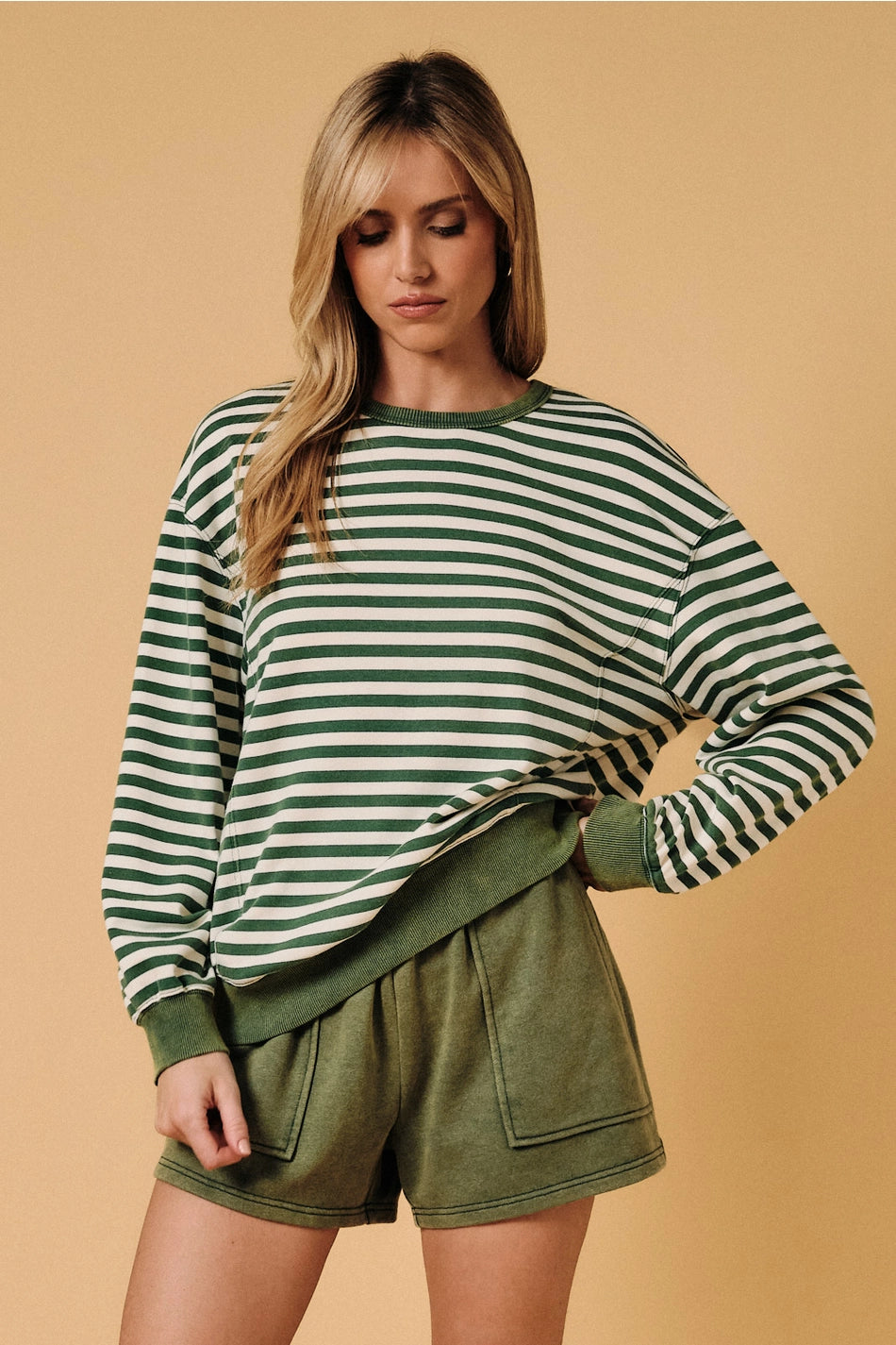 Green/ Cream Crew Neck Long Sleeve Stripe French Terry Sweater Shirt