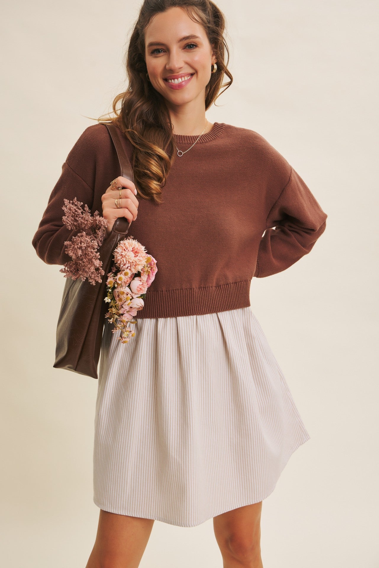 Brown Easy Coffee Date Twofer Mini Sweater Dress