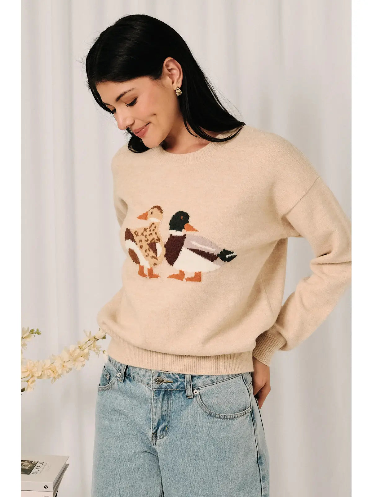 Cream Round Neck Mallard Duck Graphic Long Sleeve Knit Sweater