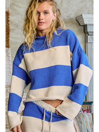 Blue/Cream Striped Pattern Chenille Sweater Long Sleeve Mock Neck Set