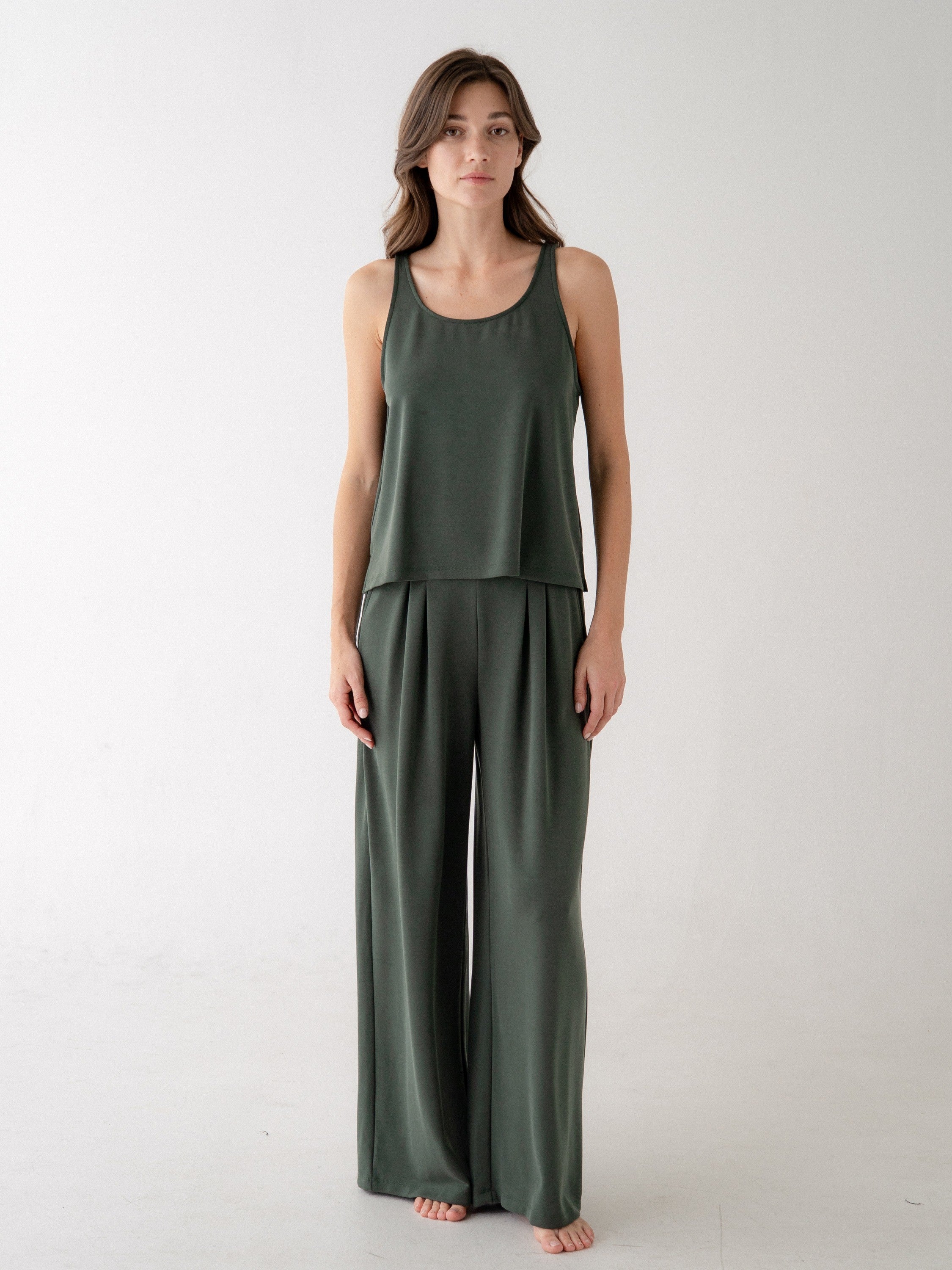 Forest Green Pleated Wide-Leg Pants with Elastic Back