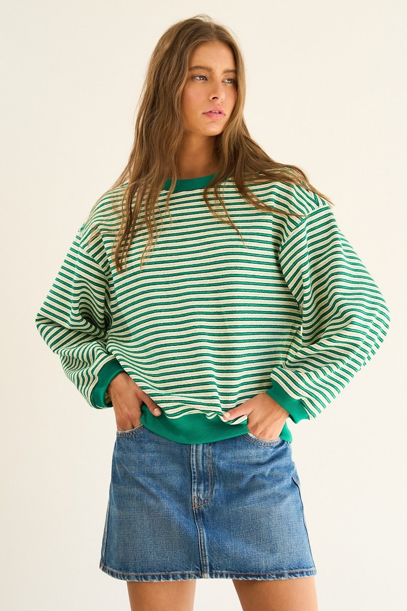 Kelly Green Relaxed Striped Pullover