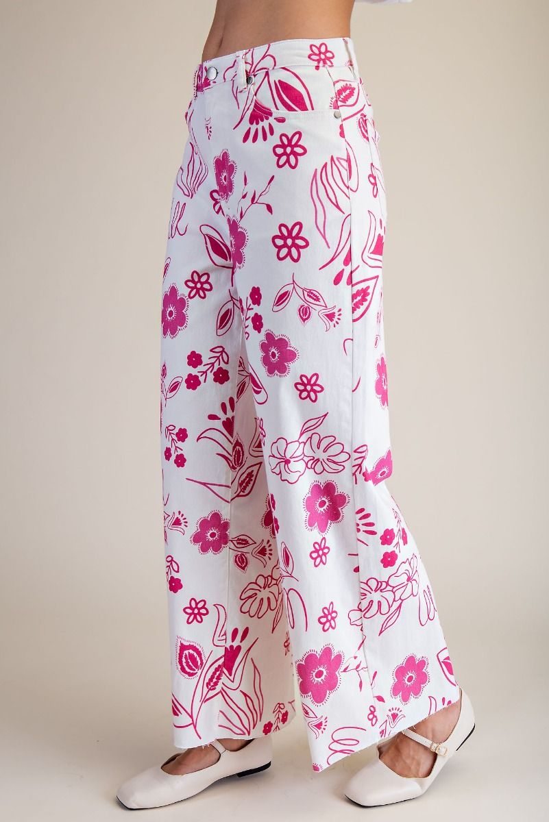 Pink Printed Washed Twill Wide Pants