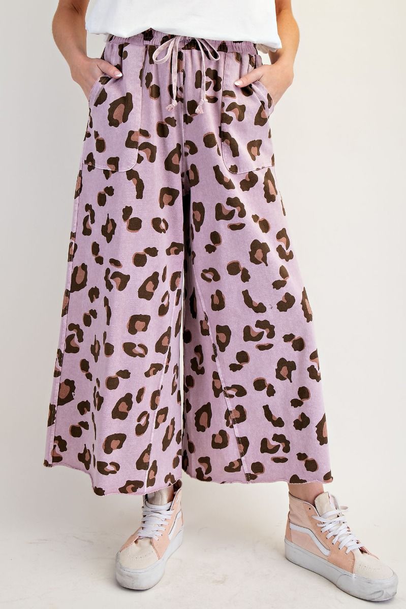 Mauve Animal Print Mineral Washed Terry Knit Pants