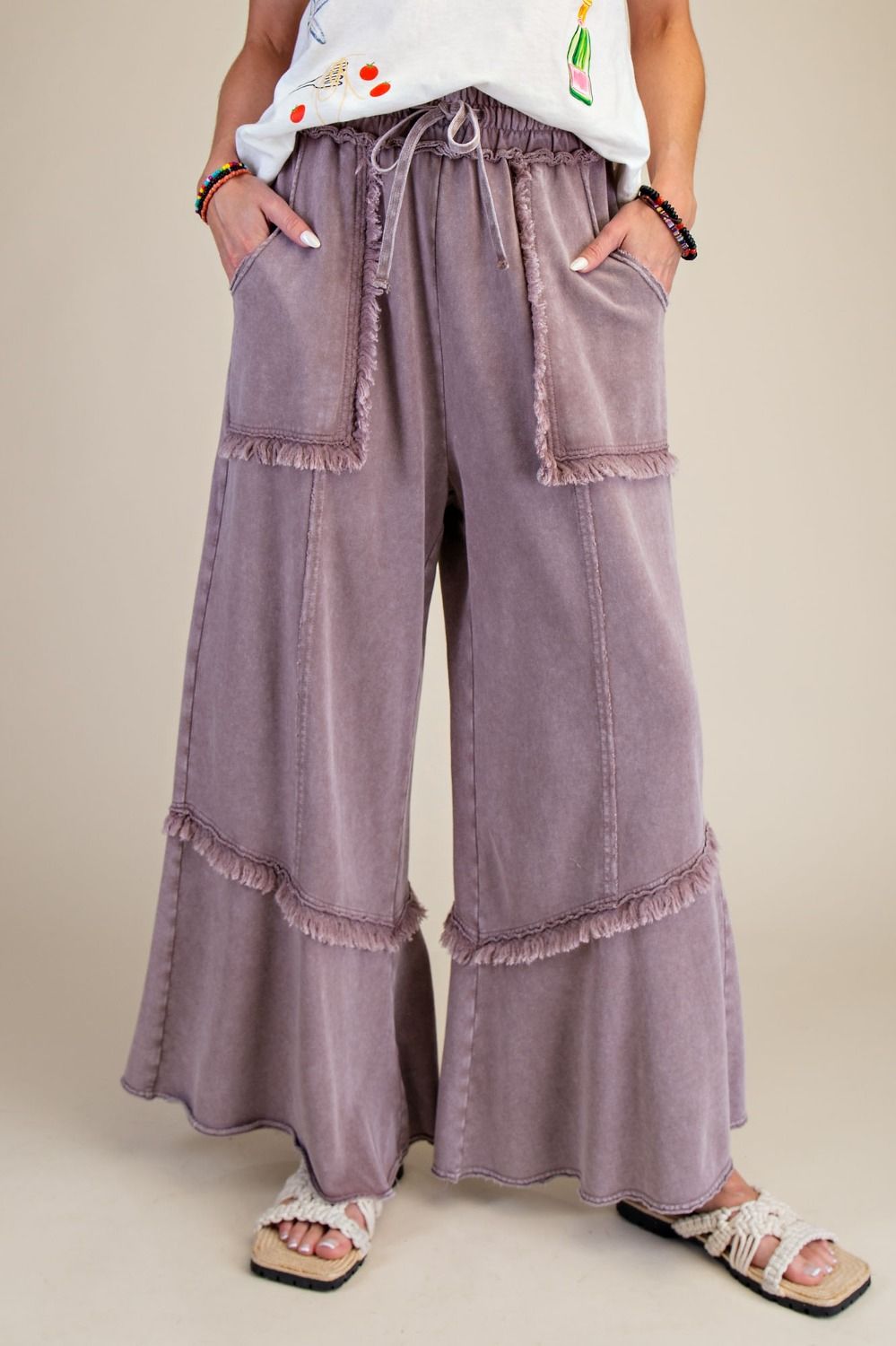 Mocha Wide Leg Mineral Washed Terry Pants