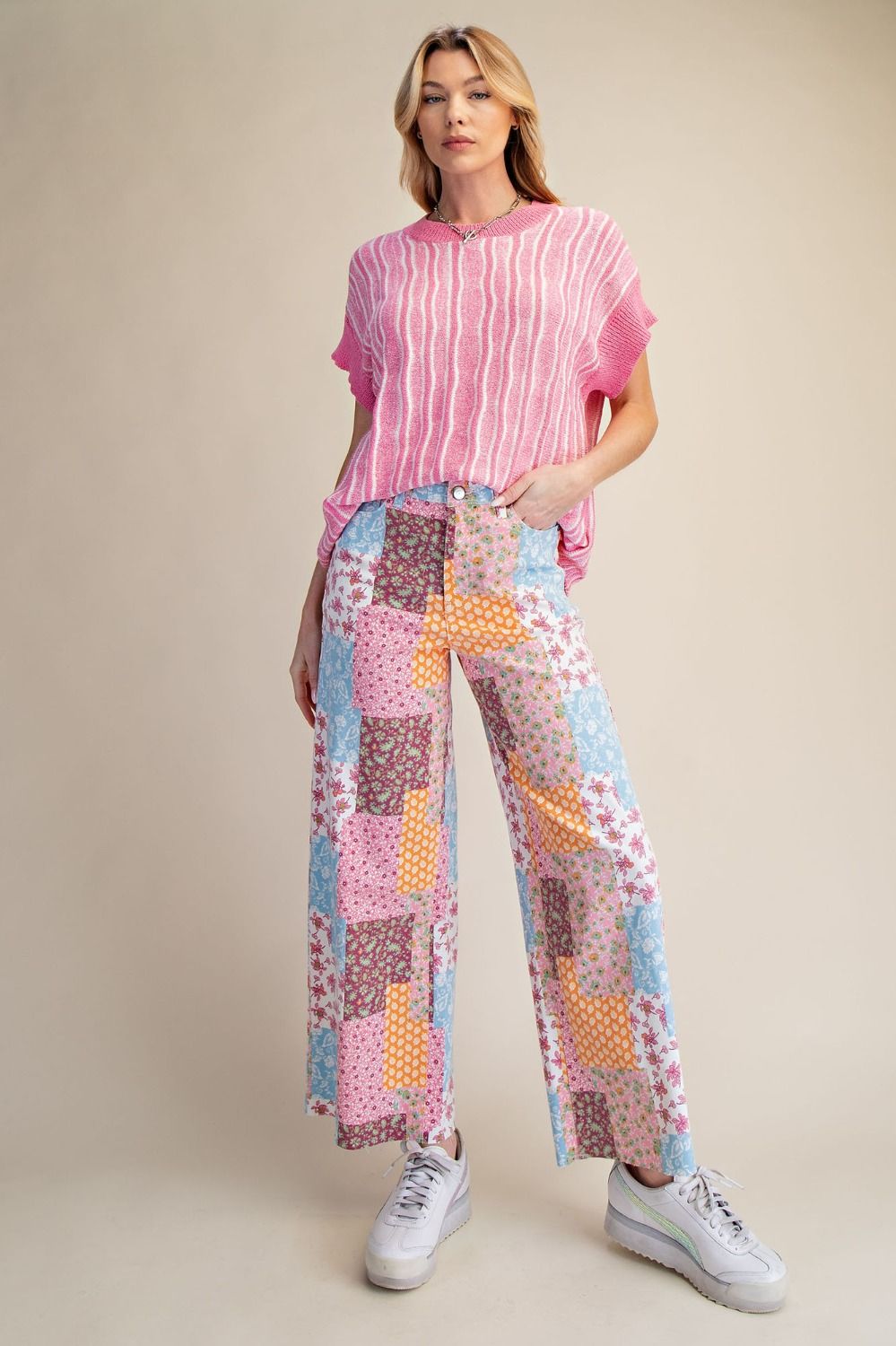 White Patchwork Washed Twill Pants