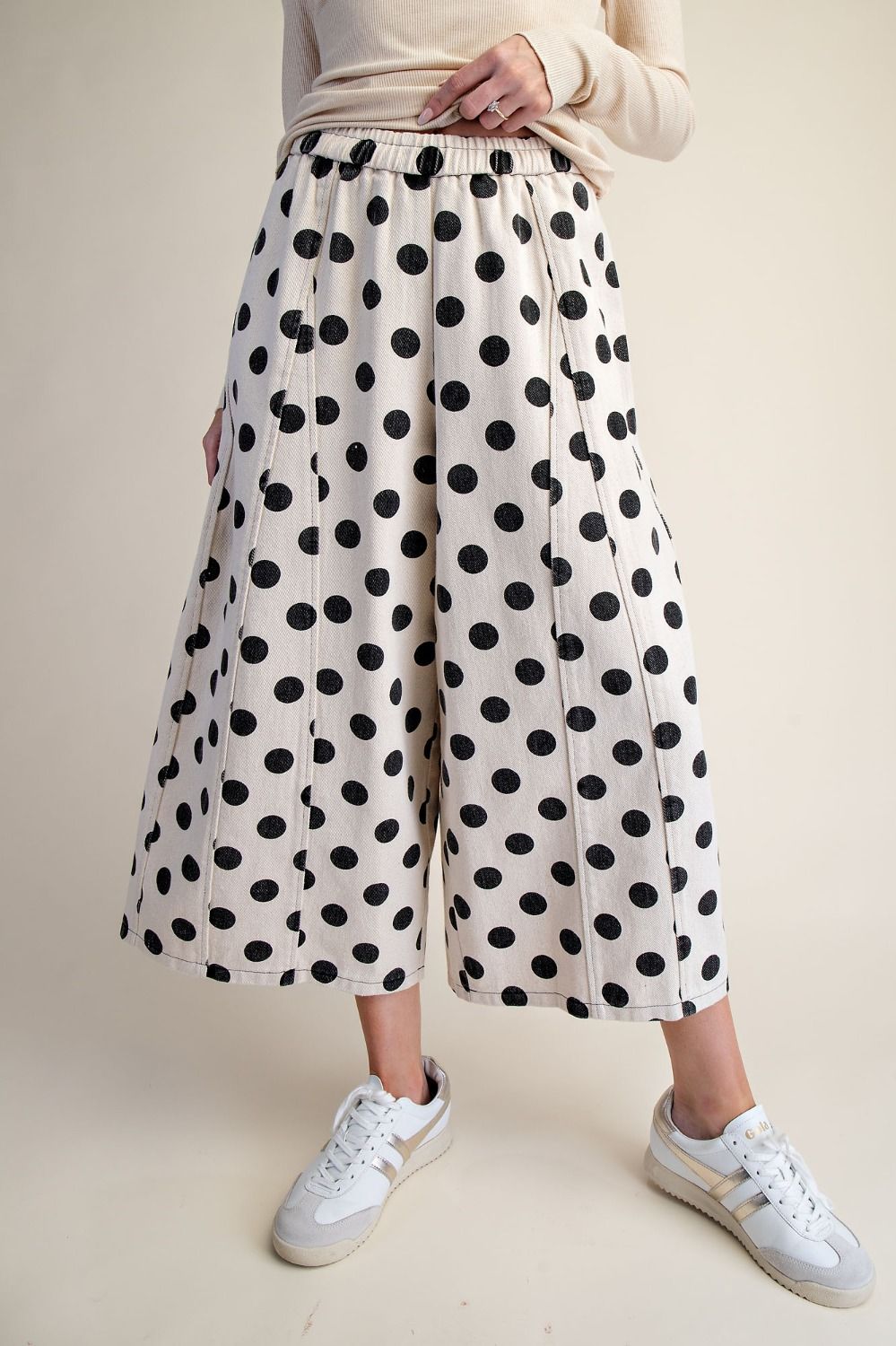 Natural Polka Dots Washed Wide Leg Pants