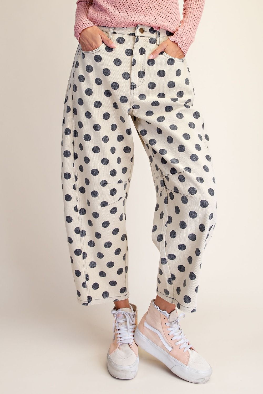 Khaki Polka Dot Washed Twill Barrel Pants