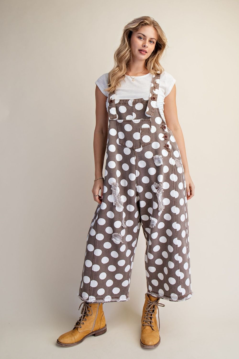Mocha Polka Dot Washed Twill Overall