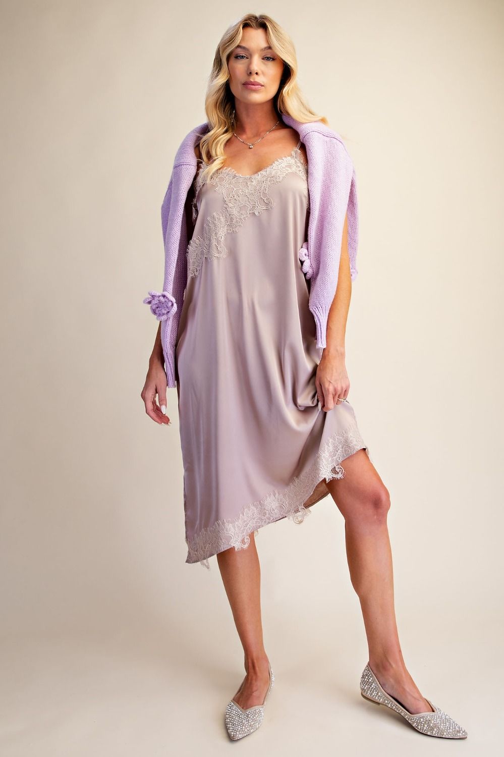 Mushroom Satin Lace Detailing Cami Dress