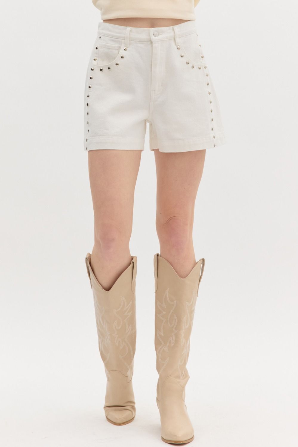 White Studded High Waist Shorts