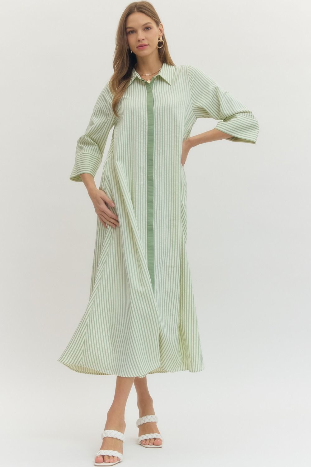 Sage Striped 3/4 Midi Dress