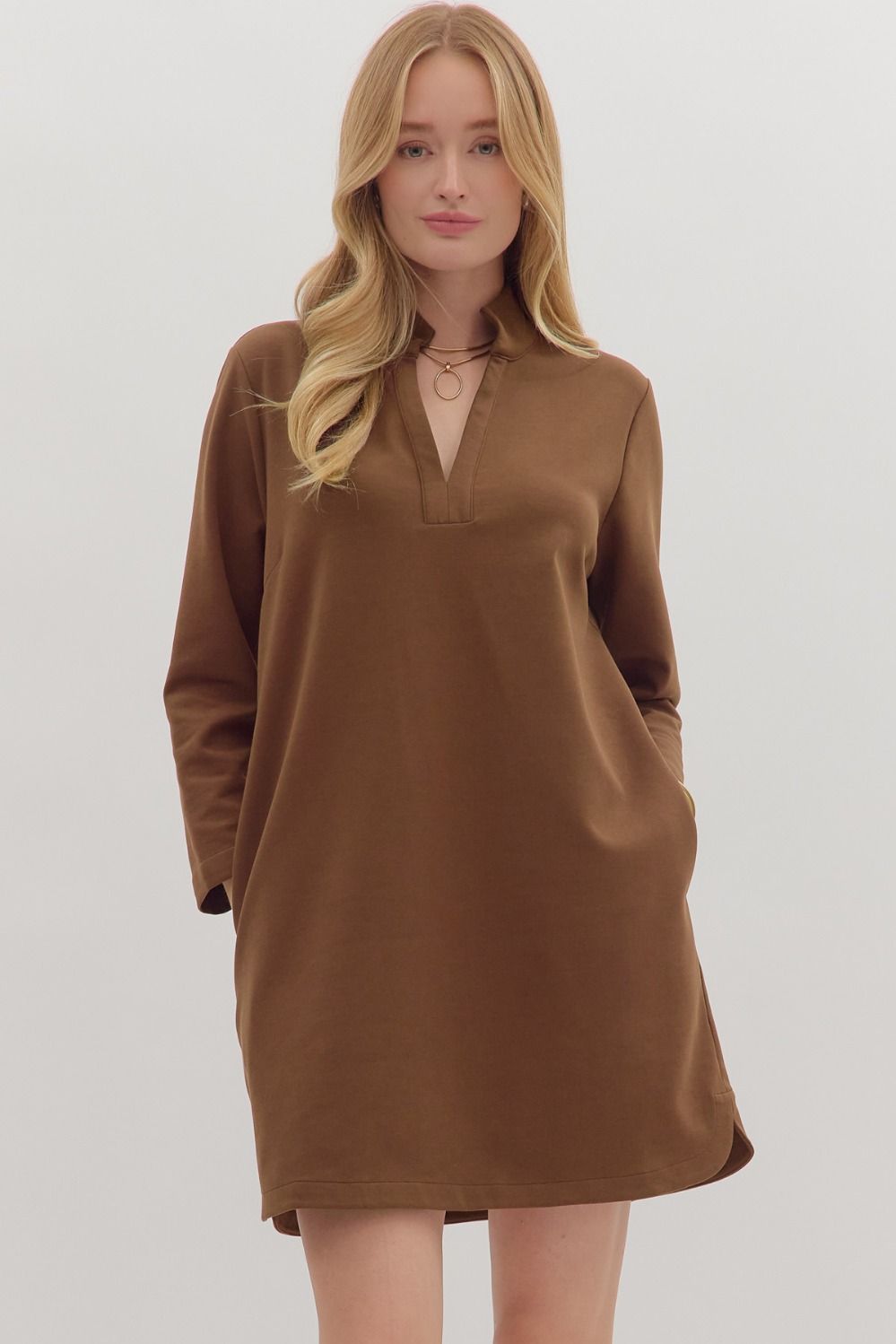 Brown Solid Long Sleeve Mini Dress featuring split V-neck with stand collar