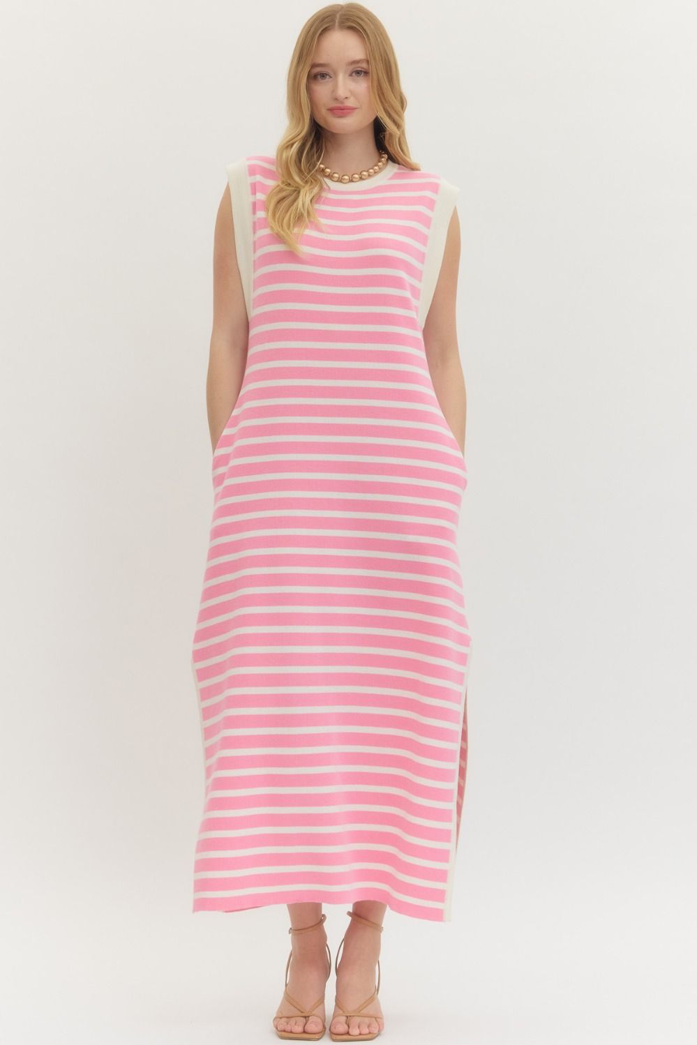 Pink Striped Sleeveless Maxi Dress
