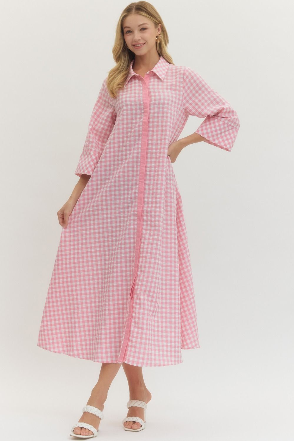 Pink Gingham 3/4 Sleeve Midi Dress