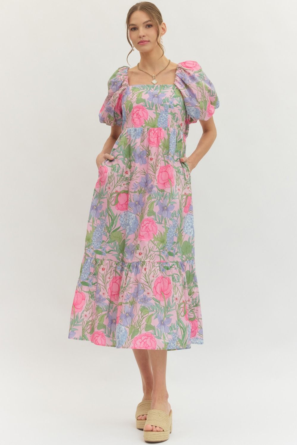 Pink Floral Short Puff Sleeve Midi Dress