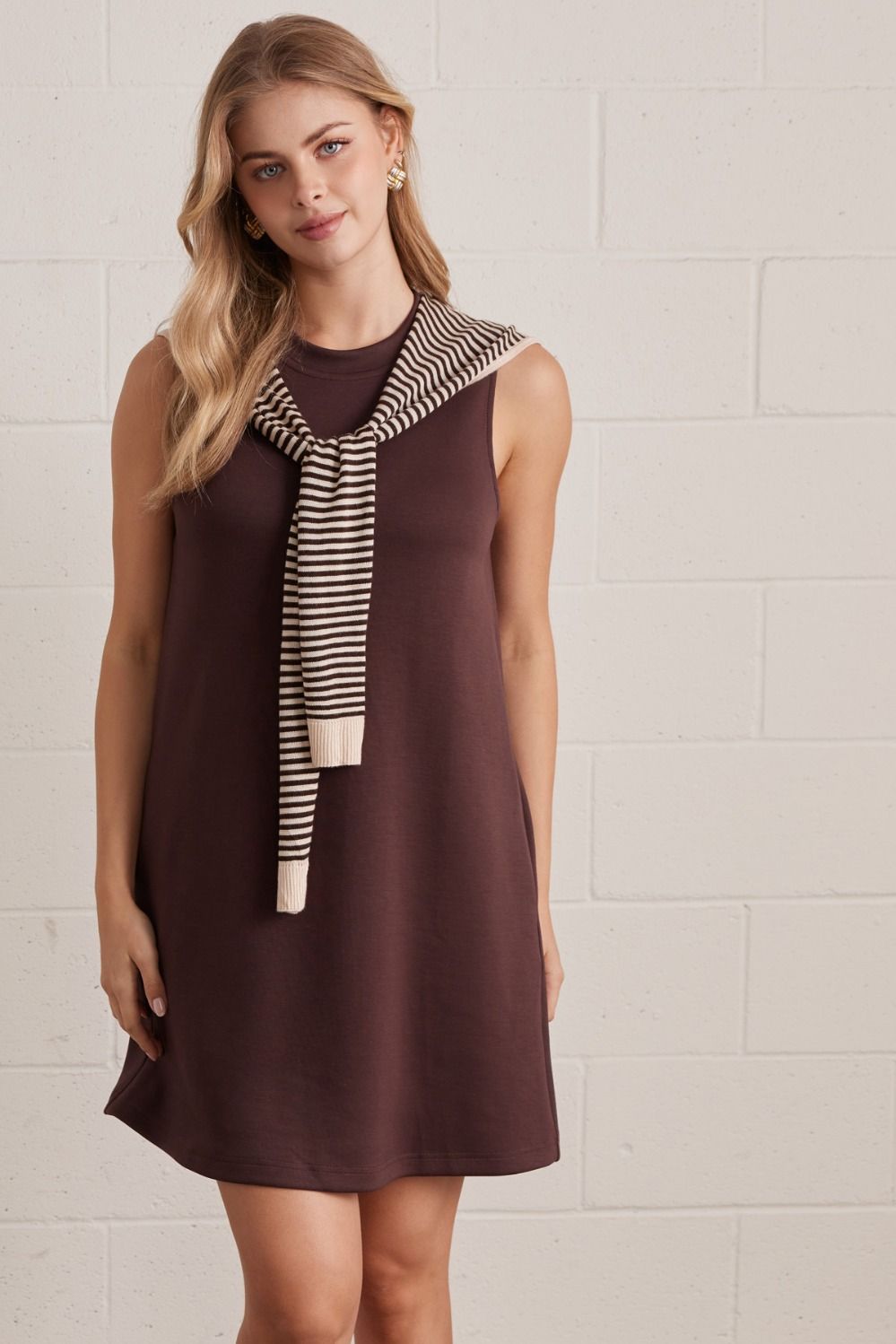 Brown Solid sleeveless knit mini dress featuring attached striped sweater scarf detail