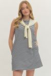 Striped sleeveless mini dress featuring attached knit scarf detail
