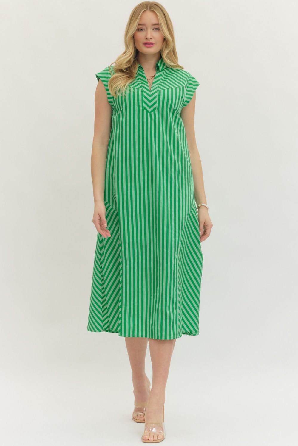 Green Striped Cap Sleeve Midi Dress