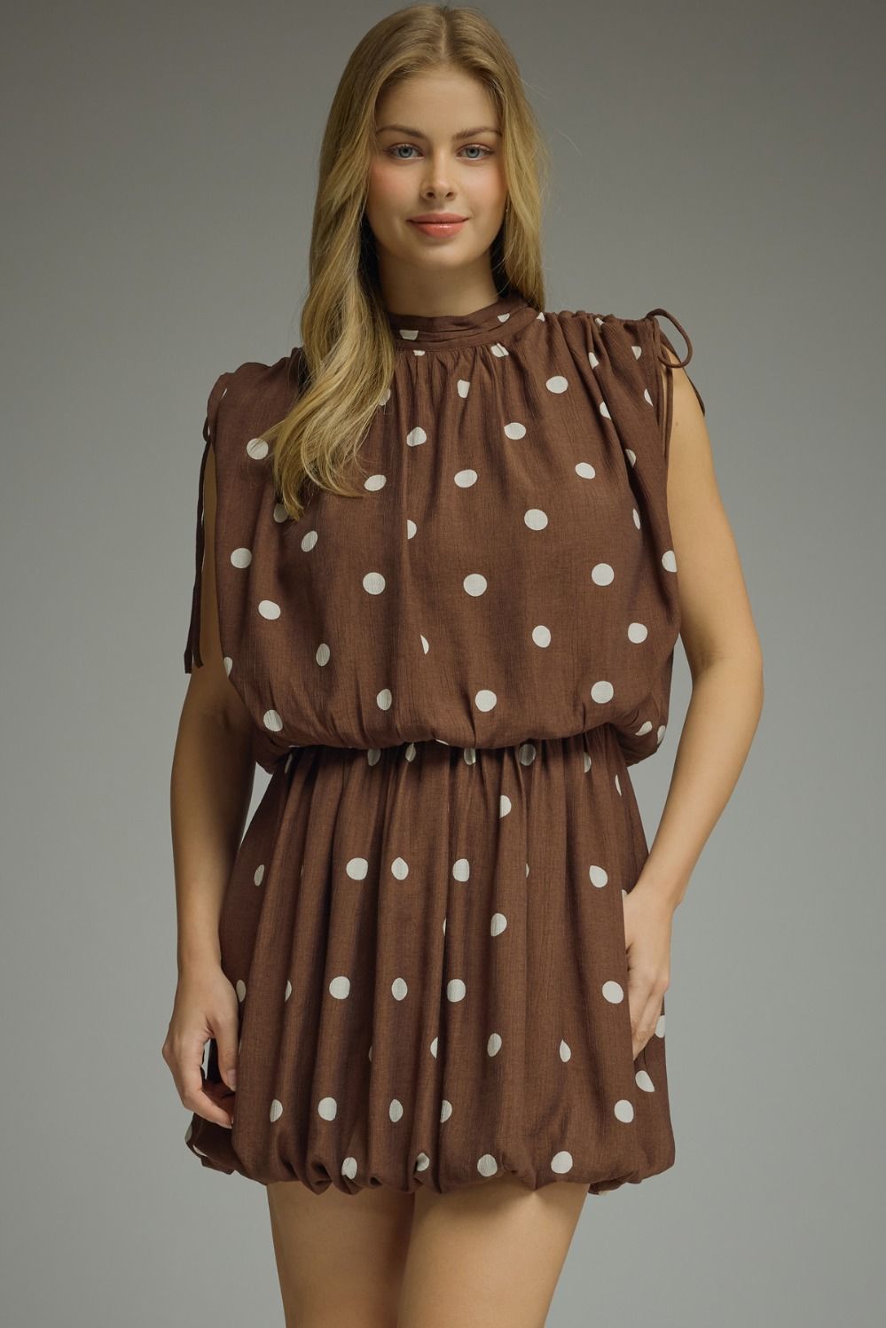 Brown Polka dot Sleeveless Mini Dress