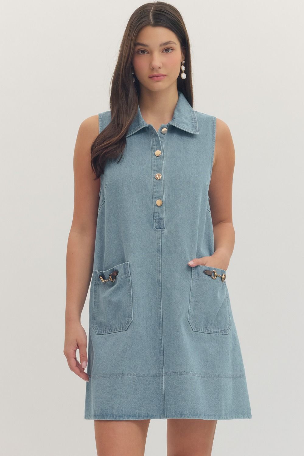 Light Blue Denim Mini Dress with Buckle Accents