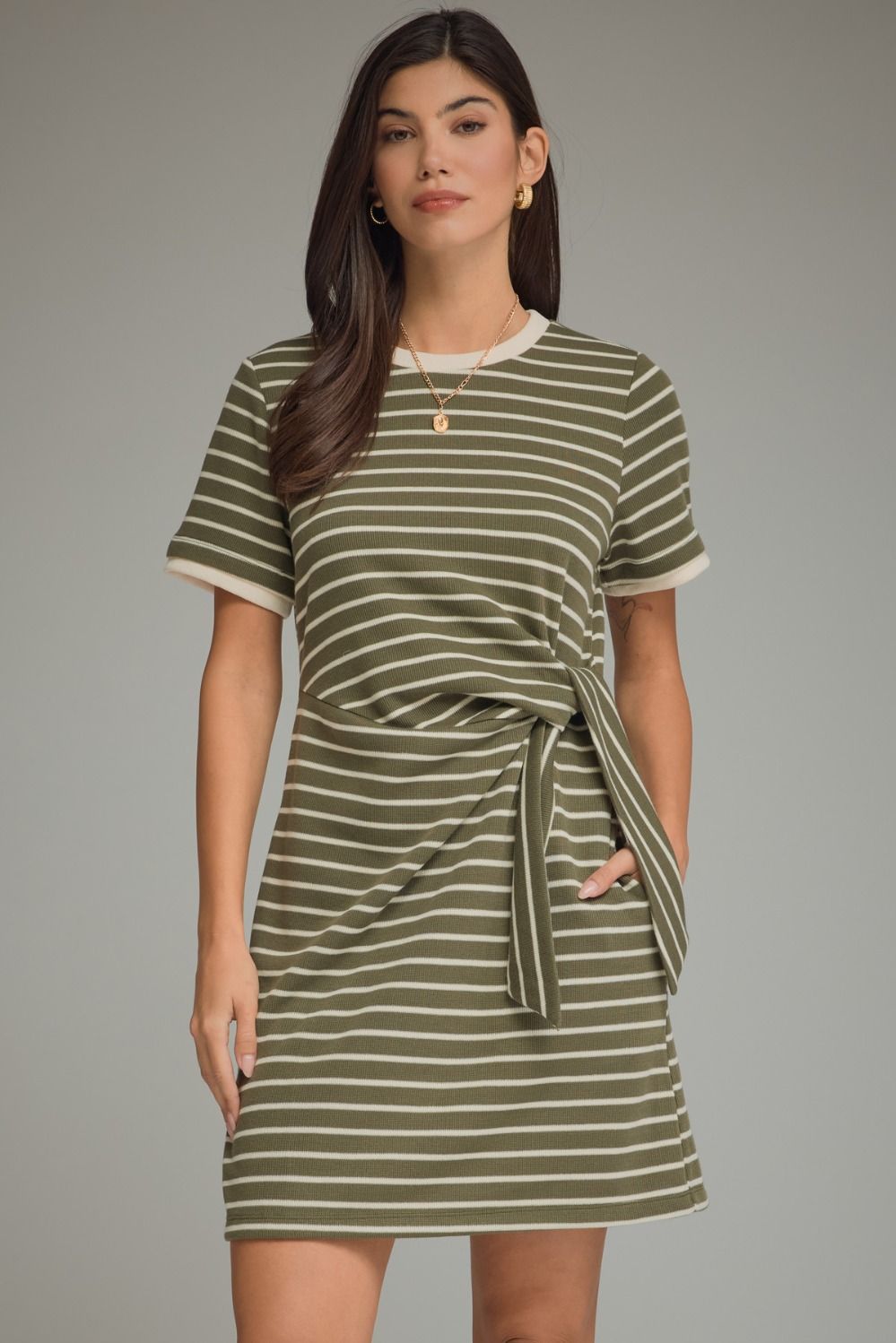Olive Stripe Print Short Sleeve Mini Dress
