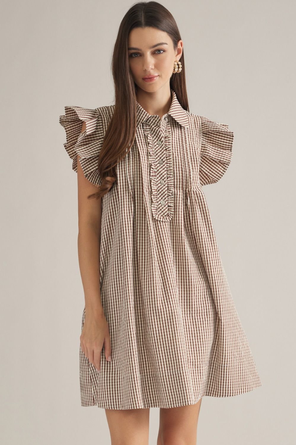 Brown Gingham Ruffle Sleeve Mini Dress
