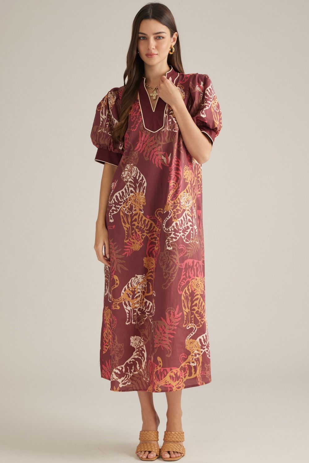 Burgundy Tiger Print S/S Midi Dress